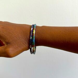 Set of 2 Vintage Cloisonné Enamel Bangle Bracelets Flowers Artsy Boho Festival
